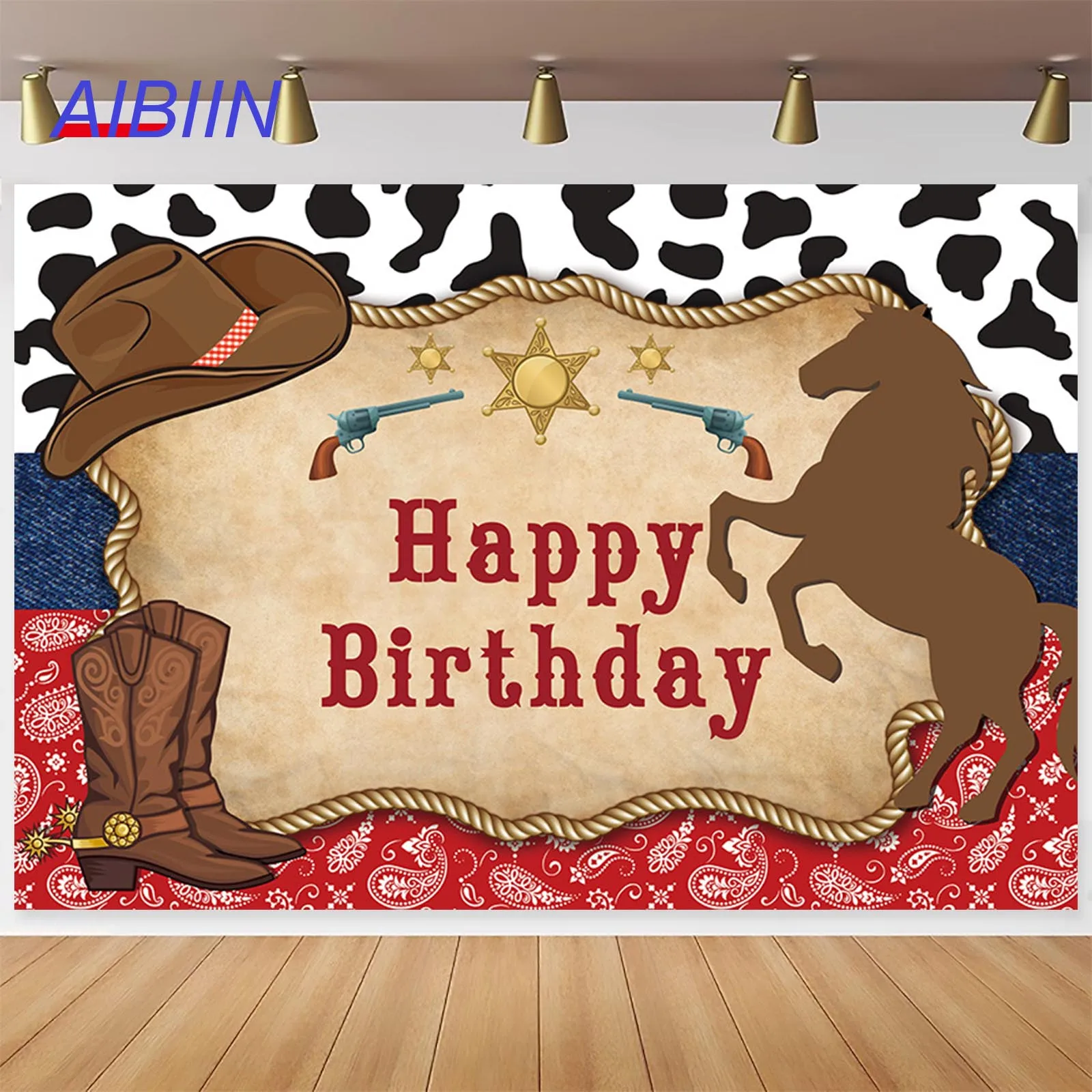 

AIBIIN Cowboy Happy Birthday Backdrop Wild West Rodeo Party Decorations Black White Cow Print Blue Red Photography Blackground