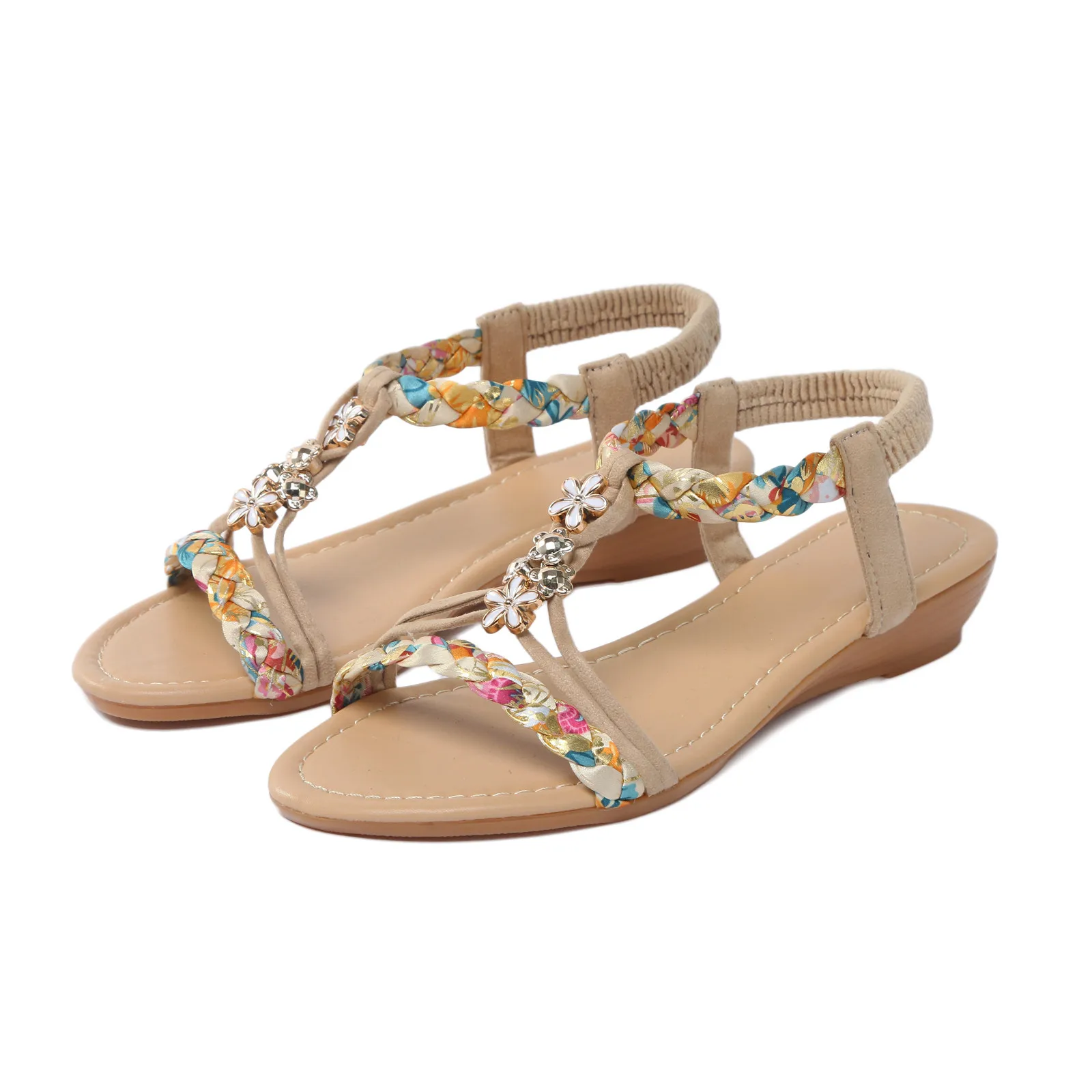 Women Wedge Shoes Flat Beaded Sandals Beach Sandals Thong Flat Beach Slippers Sandals