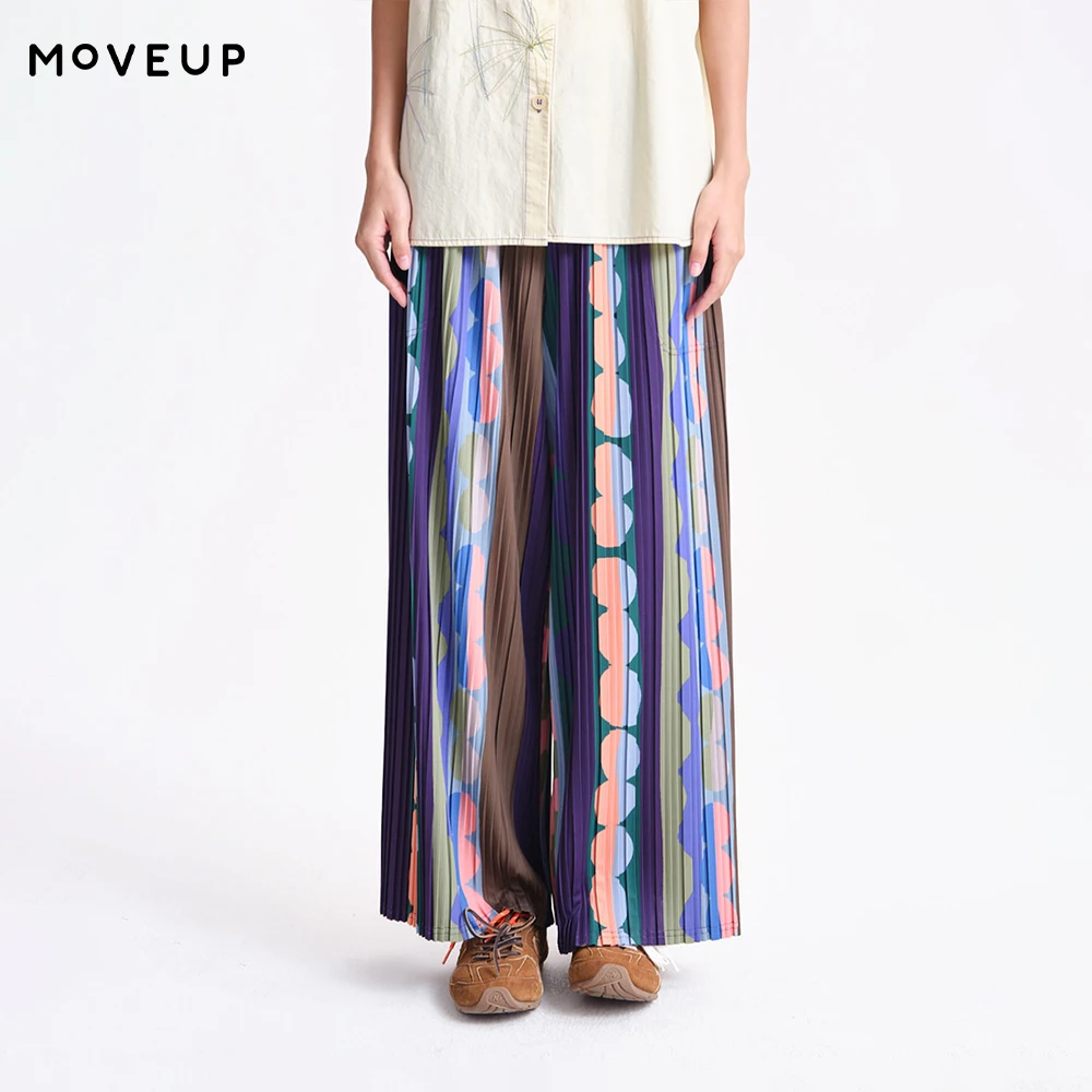 MOVEUP Women's Straight Pants 2026 Spring New Elastic Waist Geometric Print Vertical Pleats Casual Loose Trousers 3ELC10109