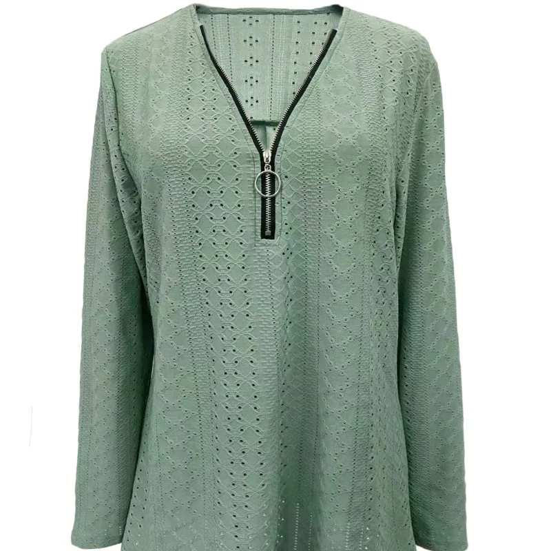 Spring and Autumn Women's Pullover V-Neck Zipper Hollow Solid Long Sleeve T-shirt Underlay Sexy Office DCasual Elegant Tops