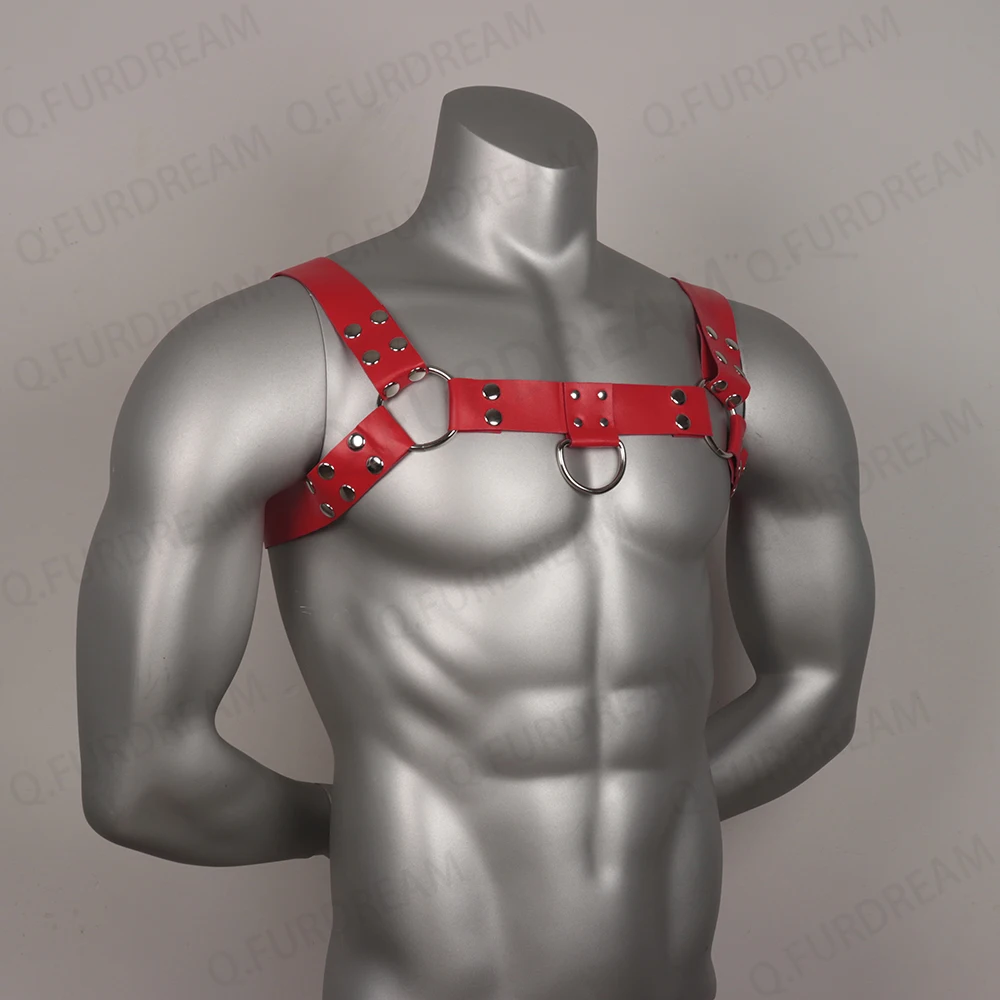 Red PU Leather Men Harness Fetish Wear for Gay Lingerie Fetish Gay Steampunk Corset Bust Suspenders Bondage Chest Harness Vegan