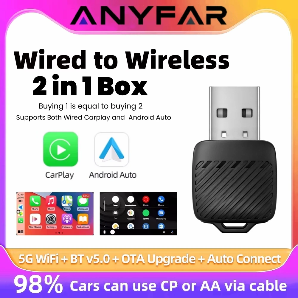 Adaptador CarPlay Sem Fio 2026 2-em-1: Dongle de Com Fio para Sem Fio para Apple e Android Auto, Plug and Play, Acessório Universal para Carro