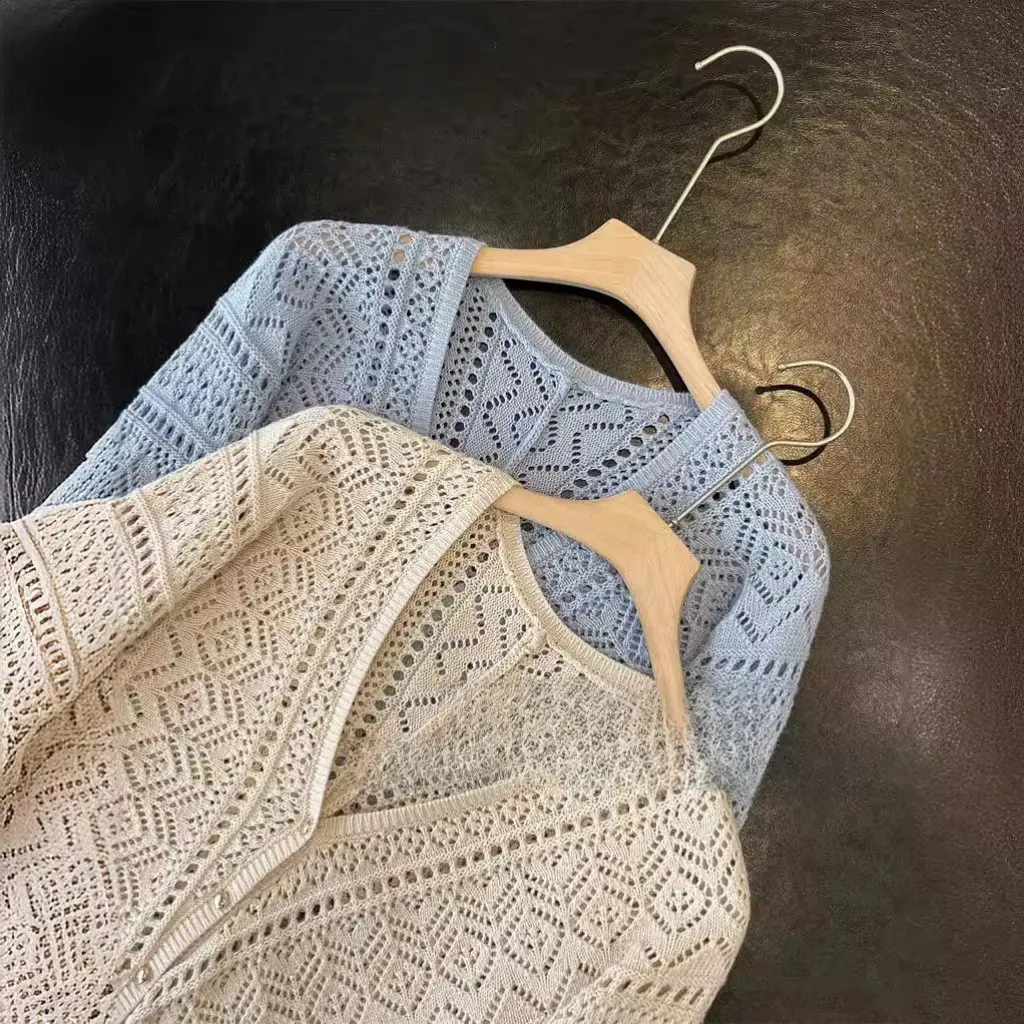 

Женский стиль знаменитостей, французский богемный вязаный крючком кардиган с v-образным вырезом и вырезом, блузка с кондиционером, ленивый топ