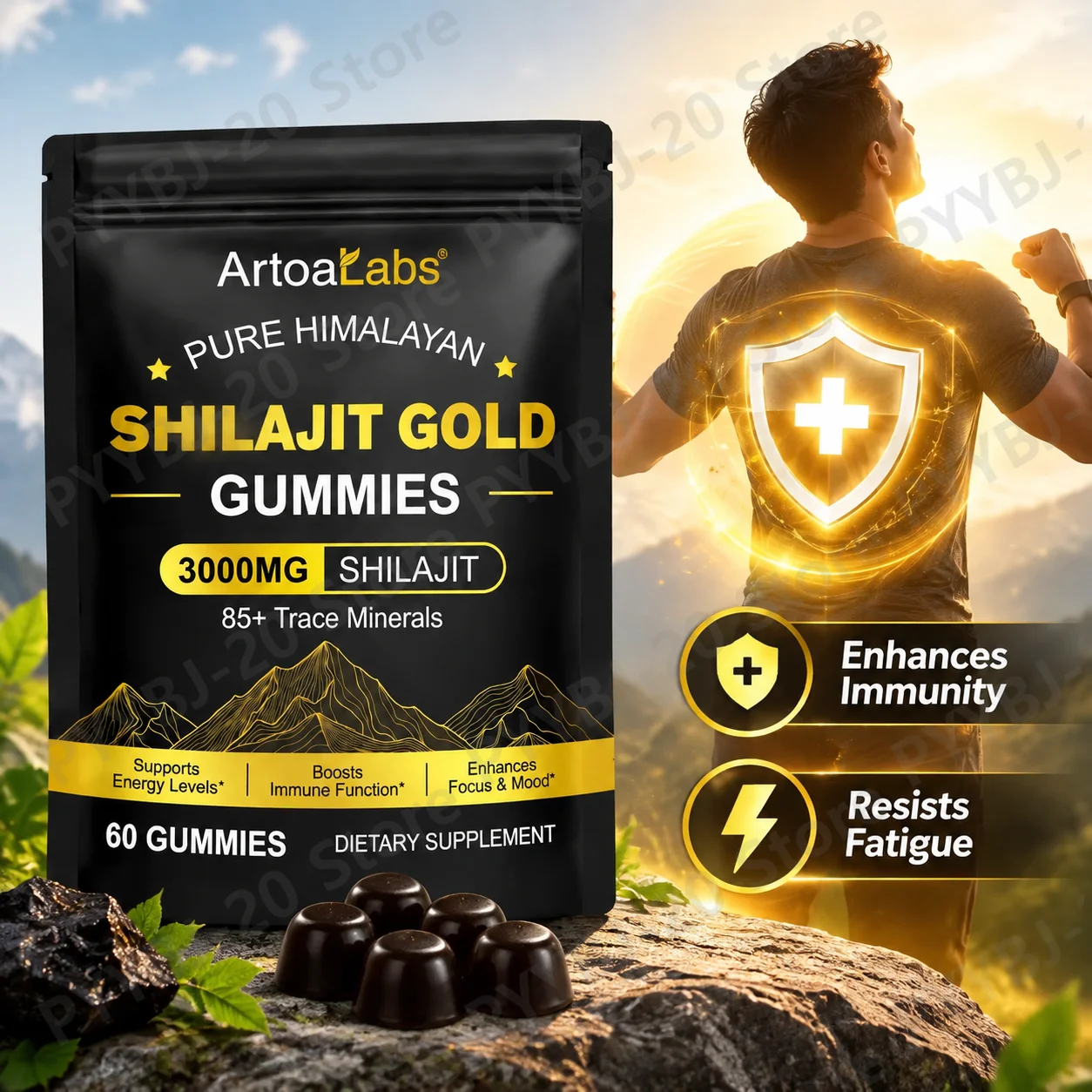 ArtoaLabs Shilajit Gold Gummies Immune Support Fatigue Resistance Energy Growth Support with 85+ Trace Minerals 3000mg 60ct
