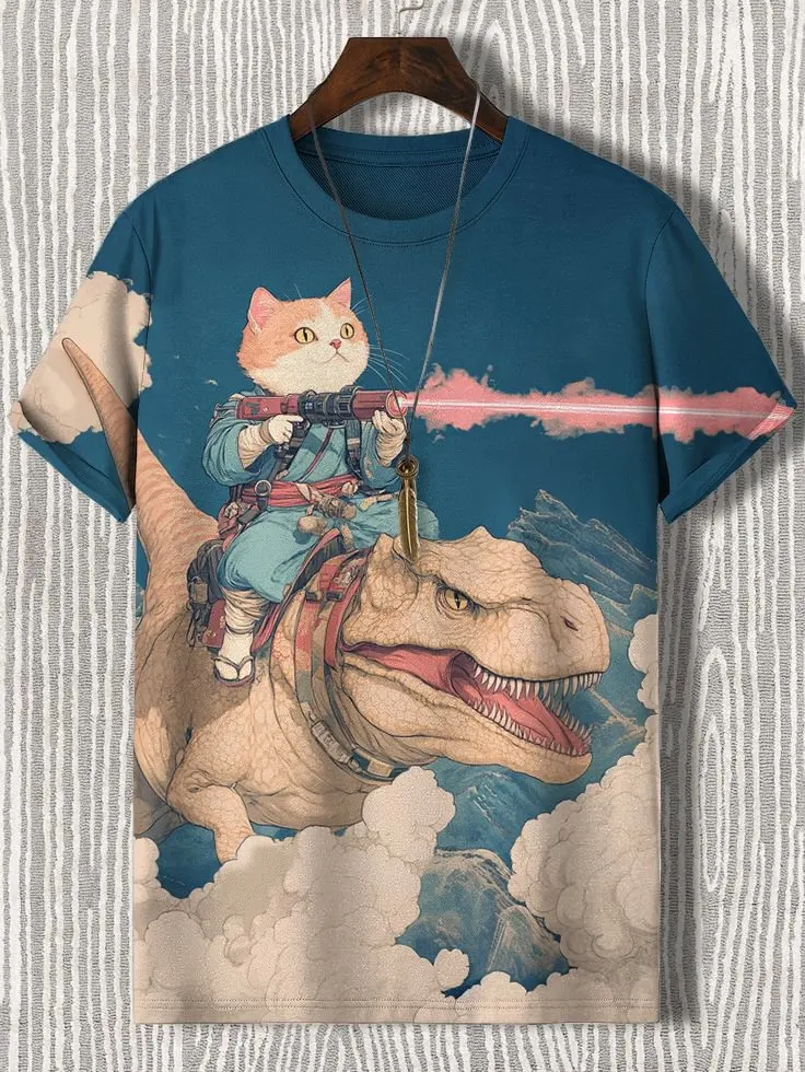 2025 Men's T-shirts Cartoon Laser Cat Dinosaur Art 3D Print Kid Anime tshirts Men Women Short Sleeve O-Neck Tees Street Y2k Tops