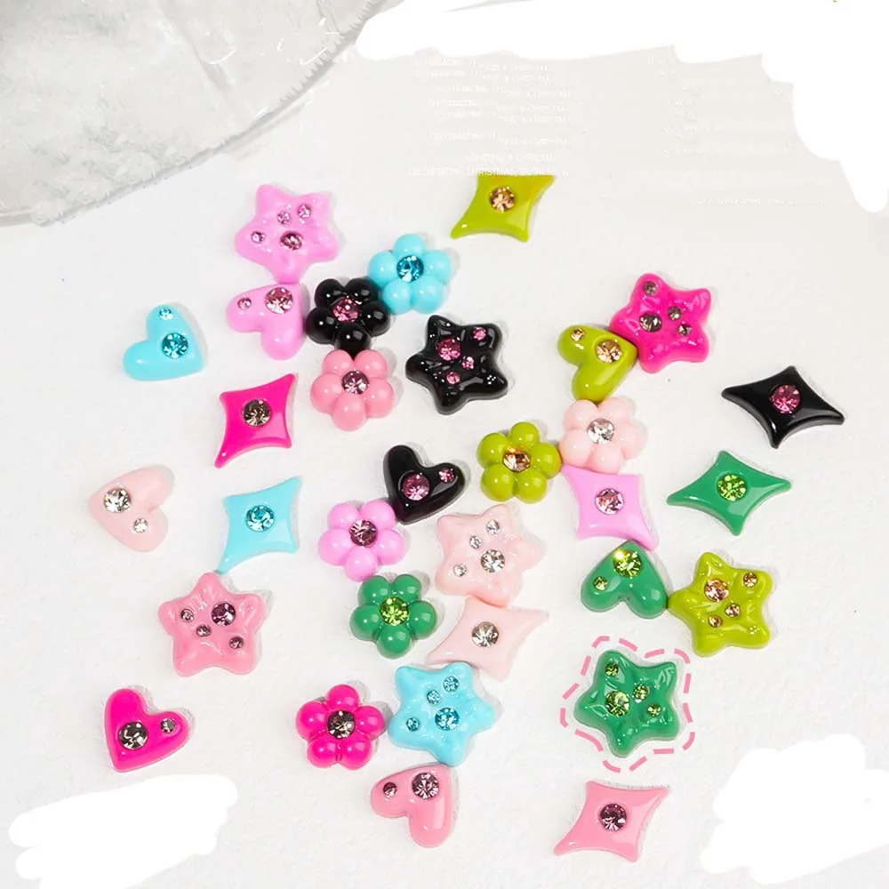 10pcs Y2K Dopamine Girls Nail Art Charm 3D 2023 New Candy Color Star Heart Inlaid Diamond Nail Decor Parts Cartoon Nail Parts