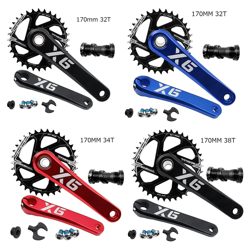 CATAZER Crankset Mountain Bike Crank Arm Set Bike Part Single Speed 170mm Crankset with Bottom Bracket 32T/34T/36T/38T Chainring