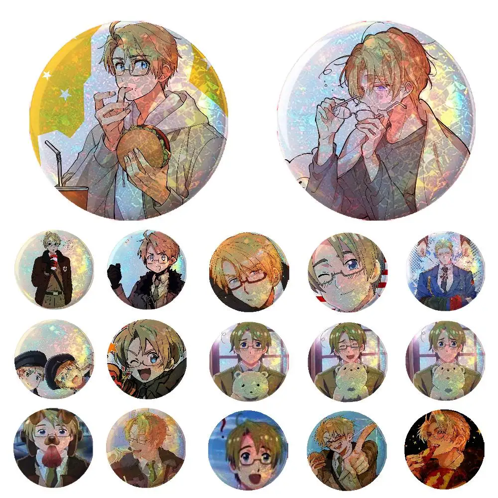 Anime H-hetalia World-StarS Cute Anime Game Laser Double Flash Tinplate Badge Cartoon Character Pin Brooch Fan Collectible Cospl