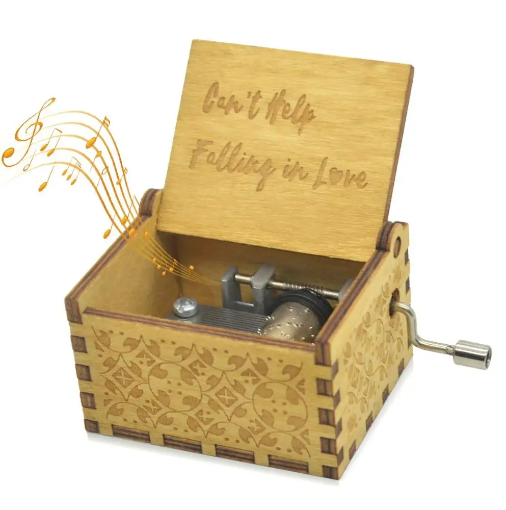 Wooden Music Box Vintage Engraving Wooden Hand-Cranked Music Box Can't Help But Fall in Love Music Box