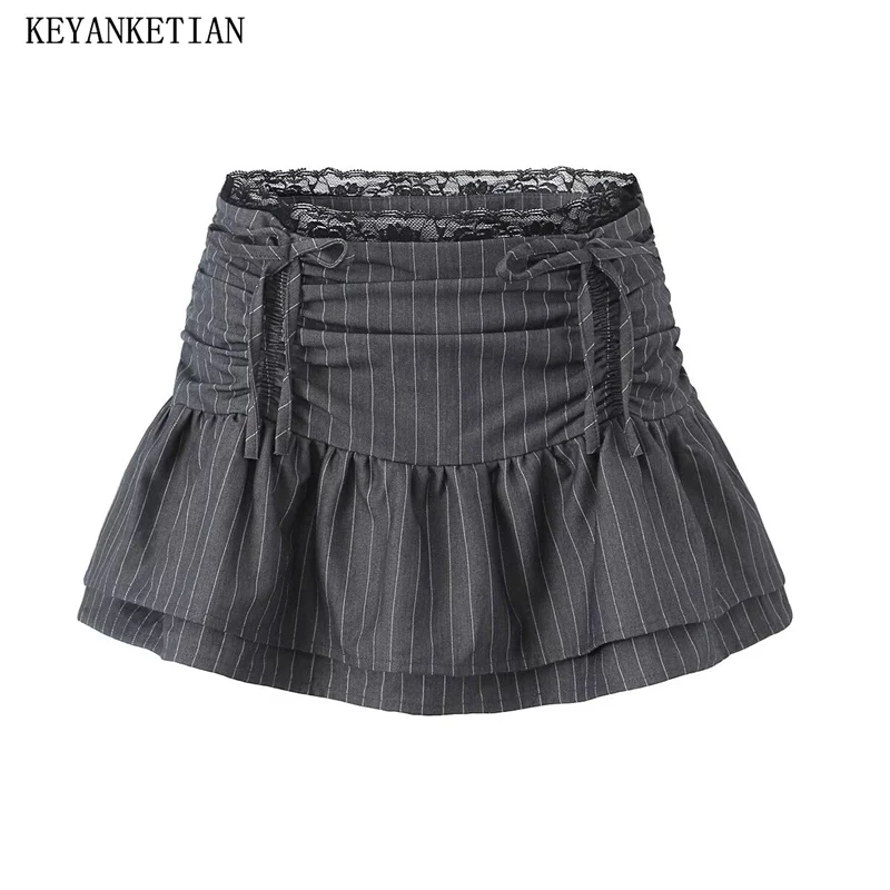 

KEYANKETIAN 2024 New Launch Women Striped Mini Skirt Spicy Girl Y2K Drawstring Lace Decoration Side Zipper Low-rise A-line Skirt