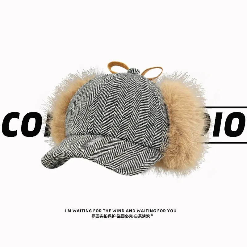 Korean Vintage Herringbone Pattern Winter Earflap Bomber Hats Men Women Furry Lined Warm Ear Protector Ushanka Hat for Outdoor