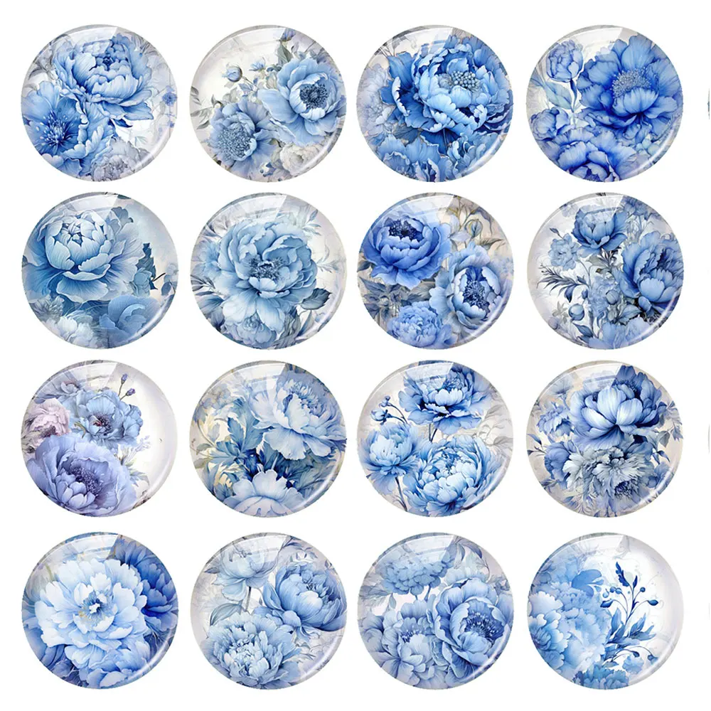 Random Mixed Round/Oval/Square Blue Poeny Flower Photo Glass Cabochon Flatback Demo Cameo For Diy Jewelry Making Handmade view 2