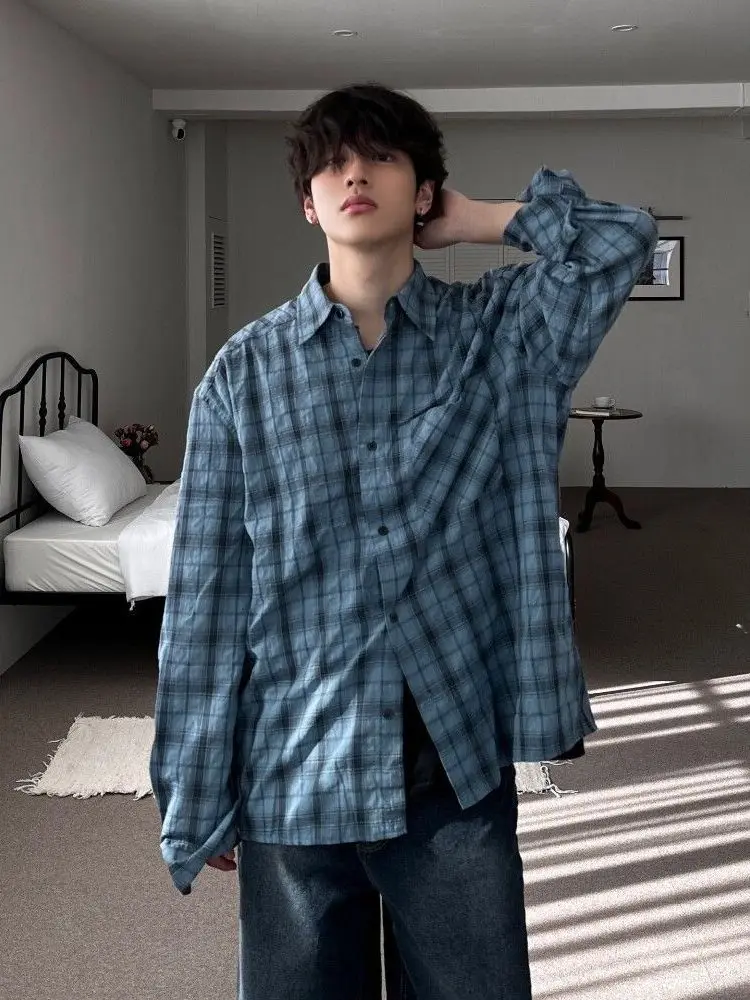 

American Plaid Long Sleeve Shirt Men's Loose Lazy Style Design Color Block Outerwear Summer Youth Fashion Anti-Uv Thin Cotton