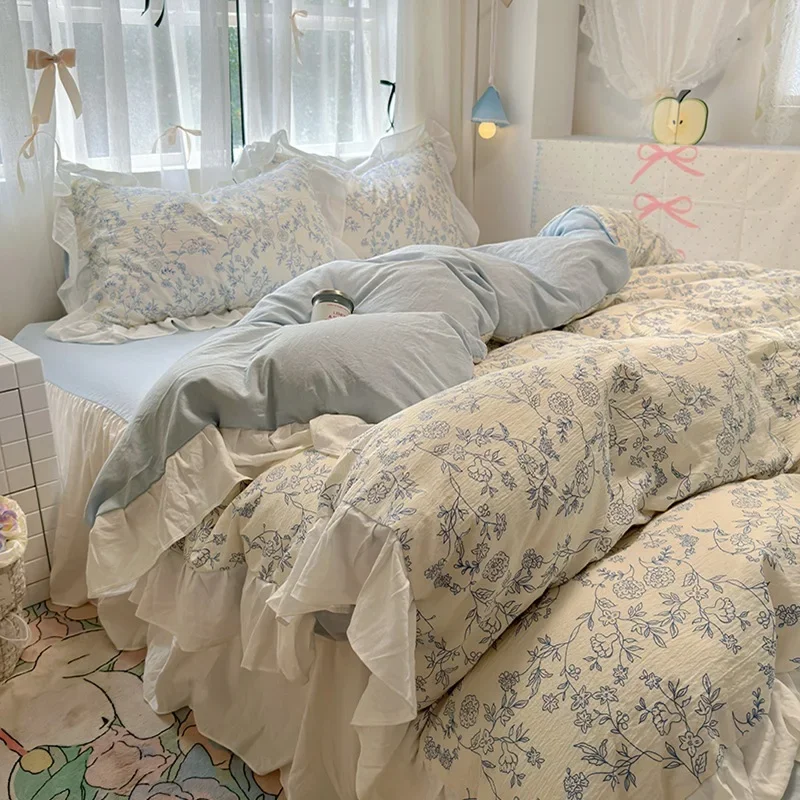 Korean Princess Style Pure Cotton Bedding Set Lace Floral Bedclothes for Queen King Skin-Friendly Home Textile for Naked Sleep