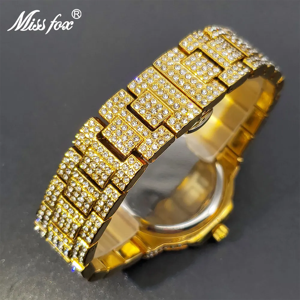 Gold Men\'s Watch Luxury Big AAA Cuban Zircon Hip Hop Stylish Quartz Watches For Male Square Double Dial ساعات يد مقاومة للماء