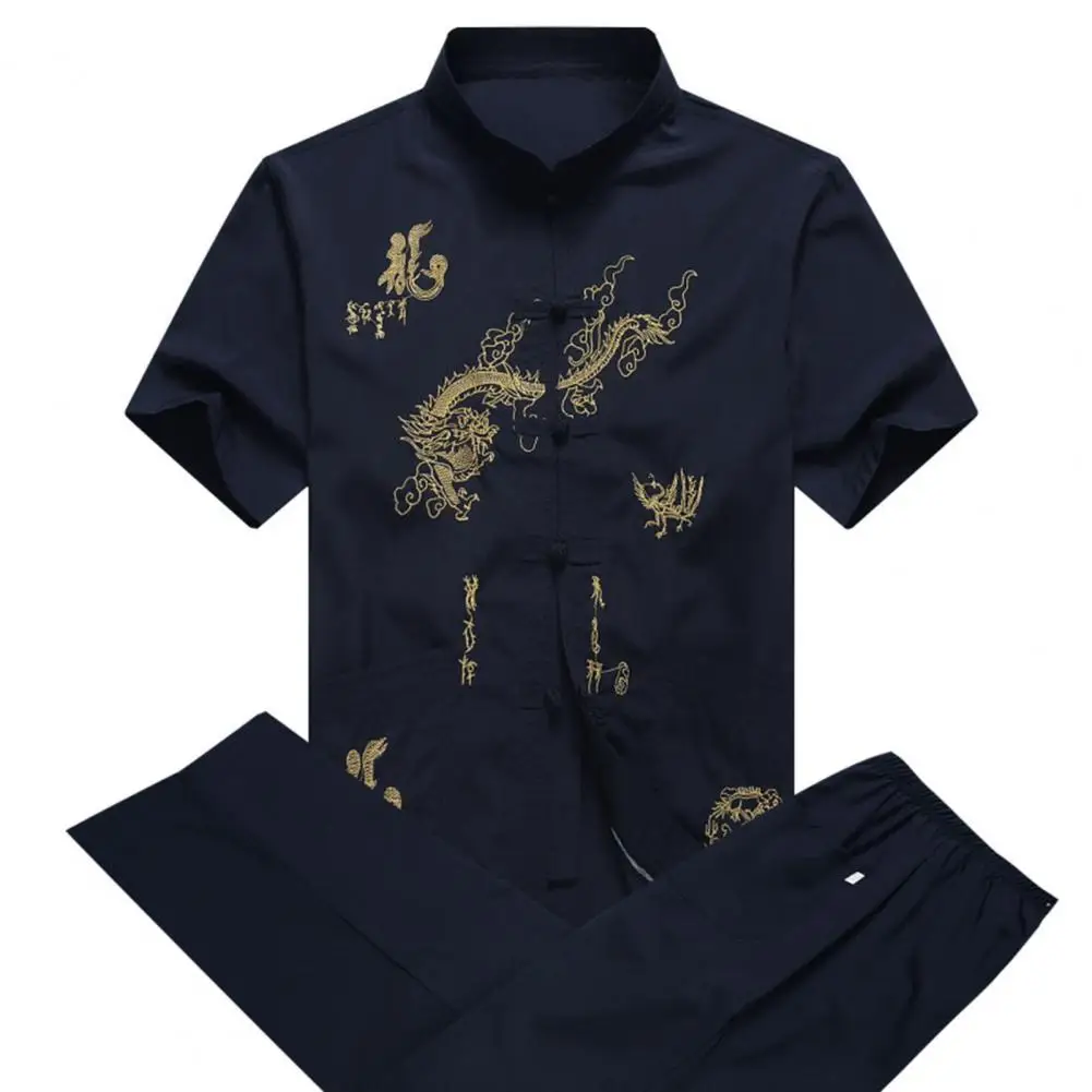 Chinese Style Dragon Pattern Outfit Chinese Style Dragon Pattern Suit Set for Mid-aged Men Stand Collar Short Sleeve for Men