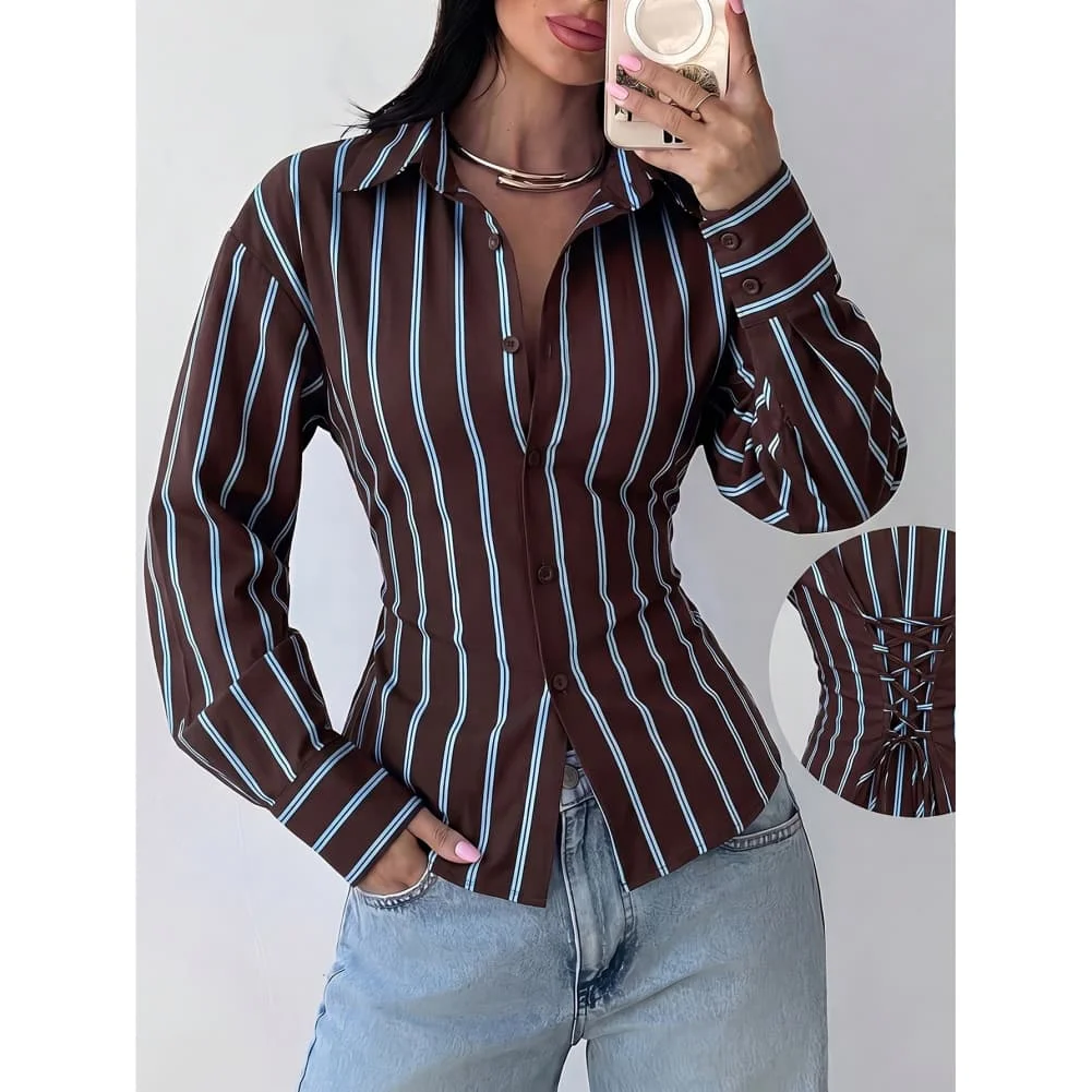 Women\'s Long-Sleeve Fitted Shirt with For Retro Striped Collar for Summer Vacation Beach or Cycling Activities