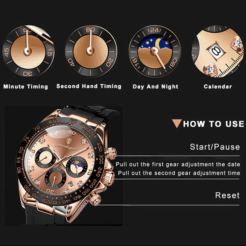 POEDAGAR Silicone Strap Watches Mens Sports Luxury Waterproof Brand Quartz Watch Man Luminous Chronograph Moon Phase Clock Male