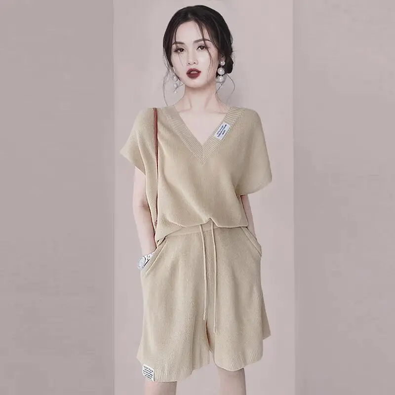 2025 Summer New Casual Temperament V-neck Short Sleeve Short Sets Female Simplicity Knitting Two-piece Suit Elastic Waist Sets