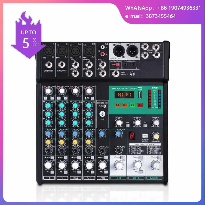 

Professional 8-Channel DJ Audio Mixer Music Mixing Console USB MP3 Computer Input 48V Phantom Power 16-Bit DSP Effects