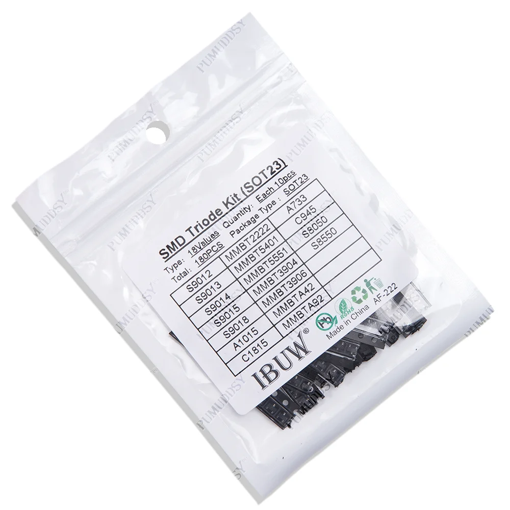 transistor assorted kit (sot-23) 18kinds*10pcs=180pcs 2n2222 s9013 s9014 s9015 s9018 s8050 s8550 5551 5401 2n3904 2n3906 c1815