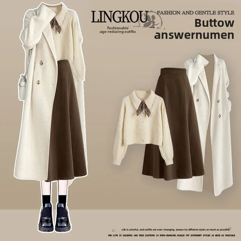 

Spring Autumn Large Size Career Women's Suit Knitted Sweater with Knot High Waist Skirt Faionable Coat
