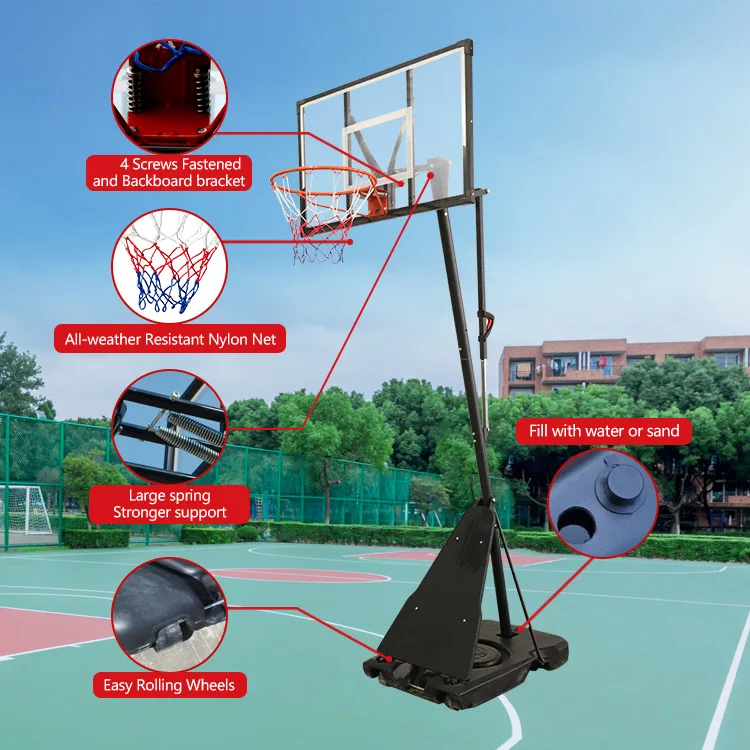 Suporte de basquete portátil adulto de altura ajustável com estrutura de ferro de PVC e aros de equipamento de quadra de rede