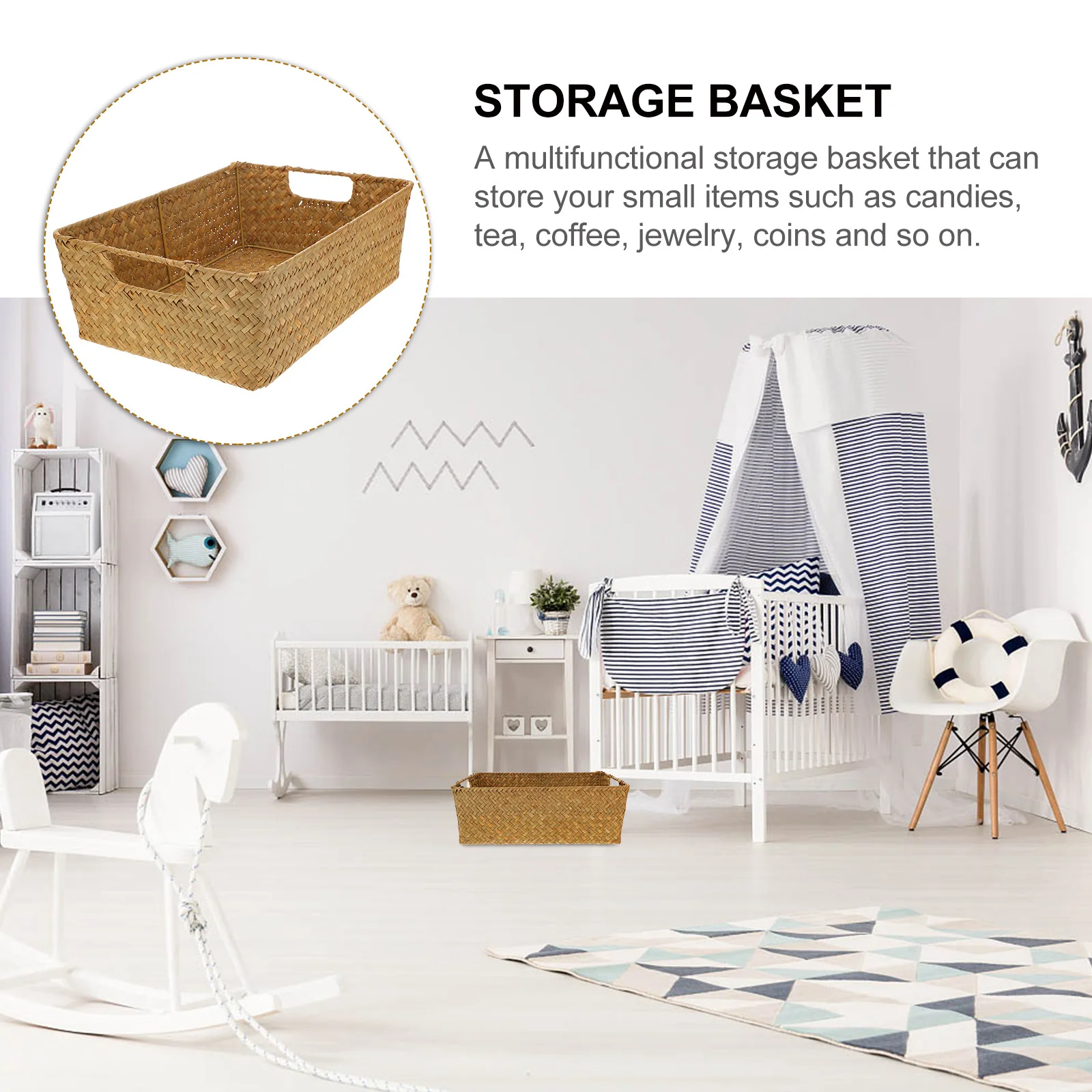 1 Stück handgefertigter Algen-Aufbewahrungskorb, rechteckige Form, multifunktionaler Organizer für Schlafzimmer, Wohnzimmer, Badezimmer