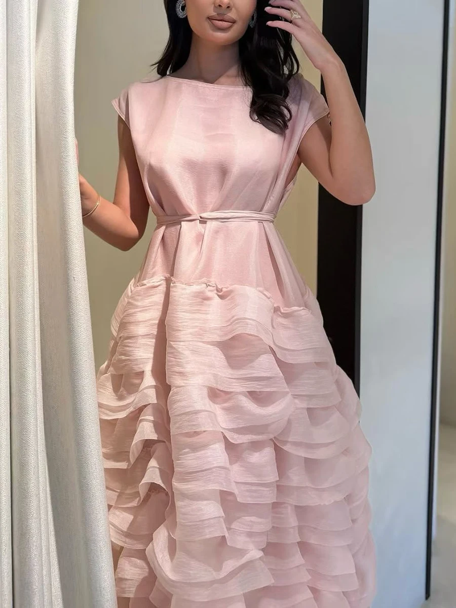 VGH Elegante Gesplitste Tiered Ruches Jurk voor Vrouwen O Hals Mouwloos Patchwork Lace Up Slanke Formele Avond Bladerdeeg Jurken Vrouwelijke