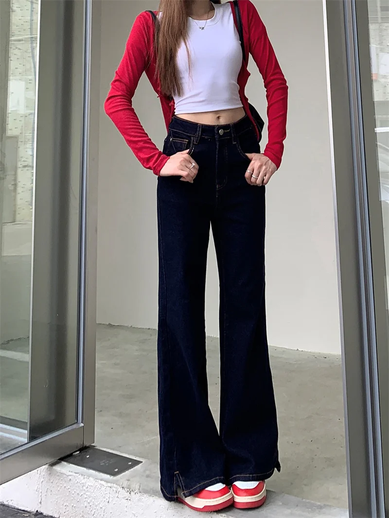 Women Vintage Raw Dark Blue Flare Denim Pants High Waist Tall Slim Drape Split Floor Length Trousers