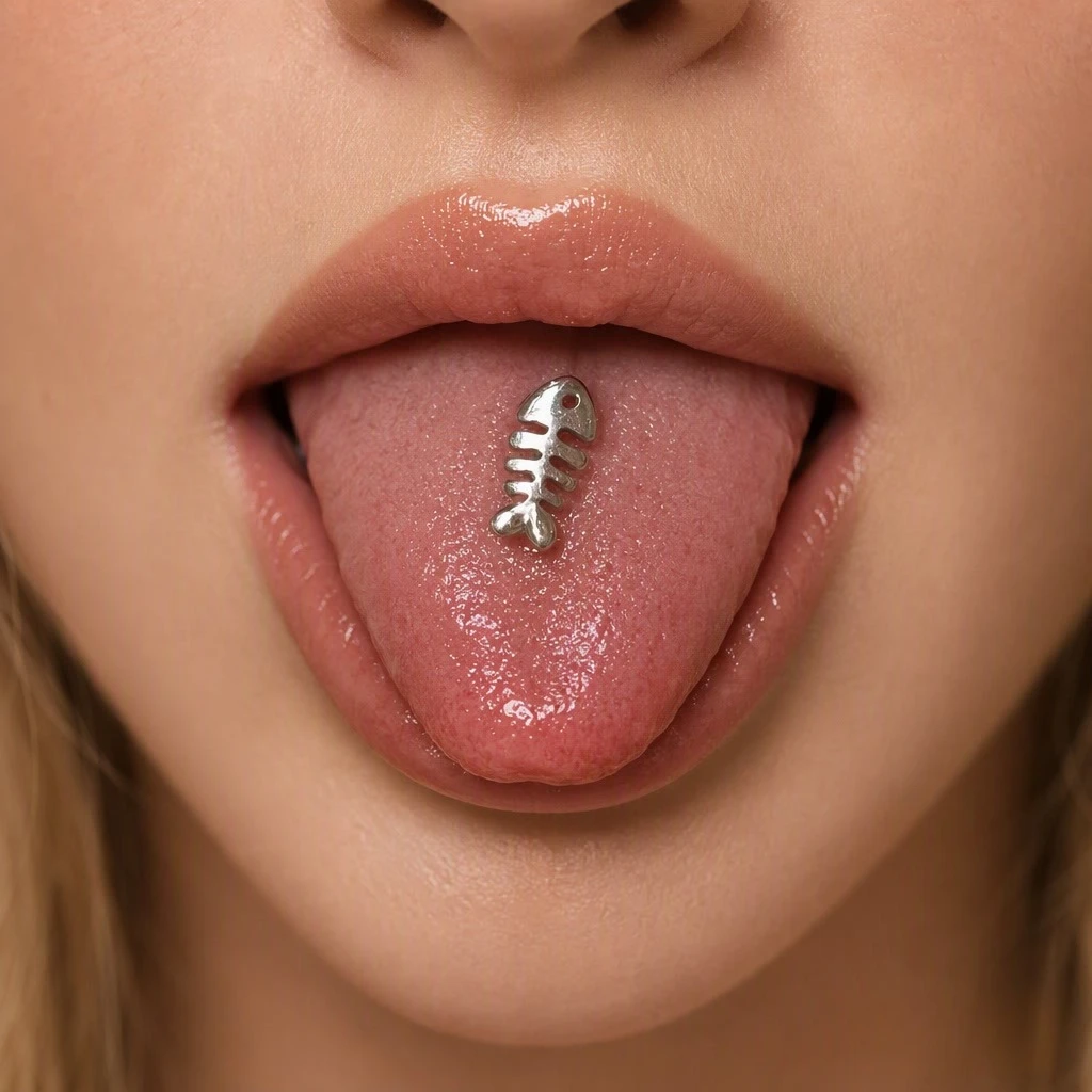 Anillo de lengua con forma de esqueleto de pez plateado, barra para lengua con diseño de esqueleto de pez, joyería para piercing corporal, accesorios para mujeres y hombres.