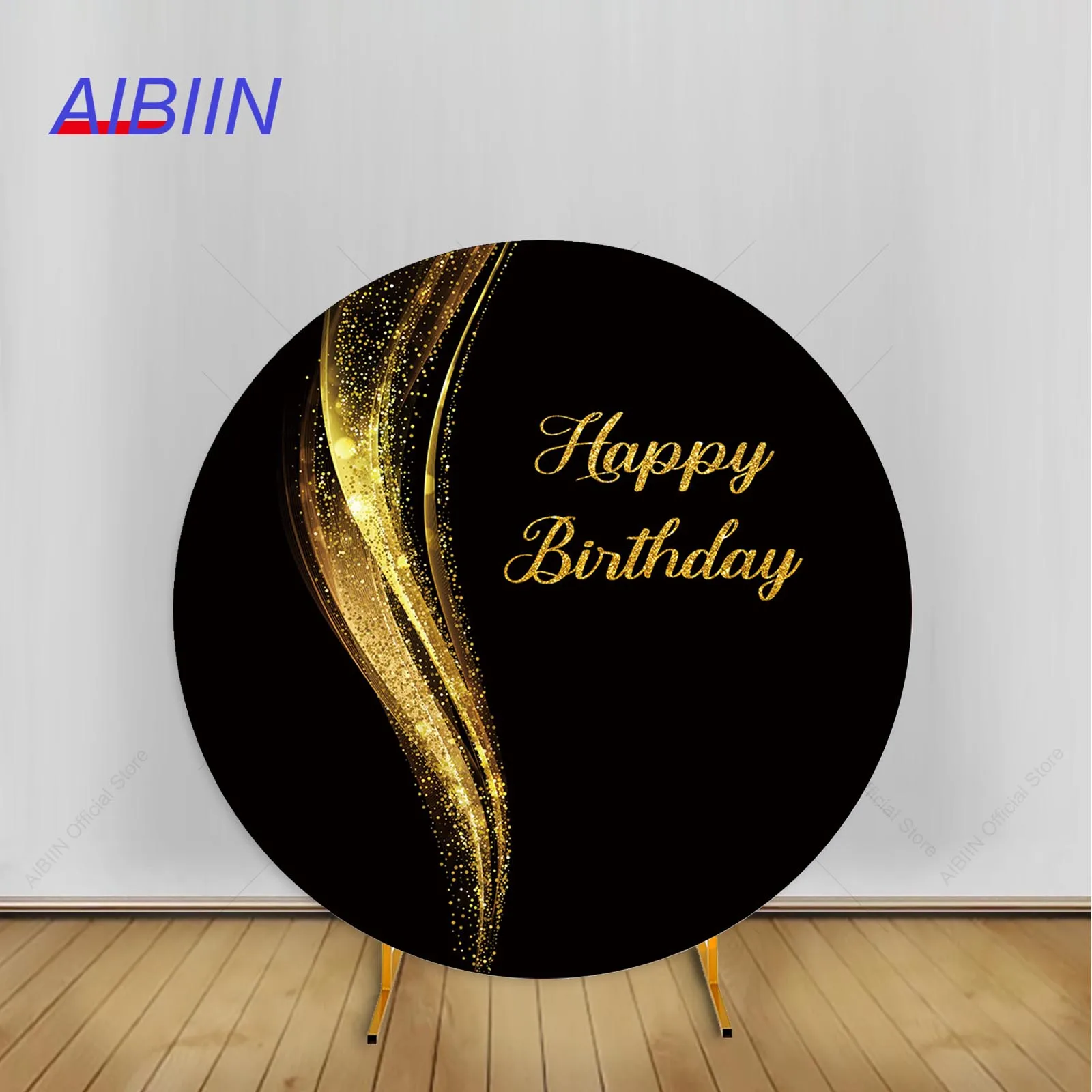 

Happy Birthday Round Backdrop Cover Black Gold Silver White Shimmer Women Men Cake Photography Background Portrait Party Decor