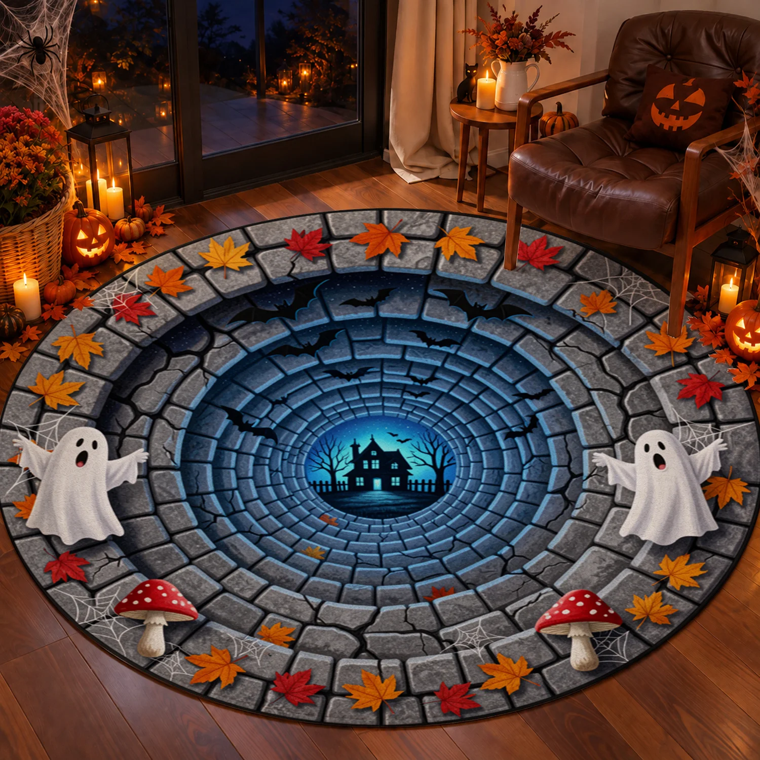 Halloween Ghost Haunted House Pattern Round Velvet Rug Machine Washable for Living Room Bedroom Entryway Dining Balcony Perfect for Halloween Thanksgiving Christmas New Year Black Friday Cyber Monday