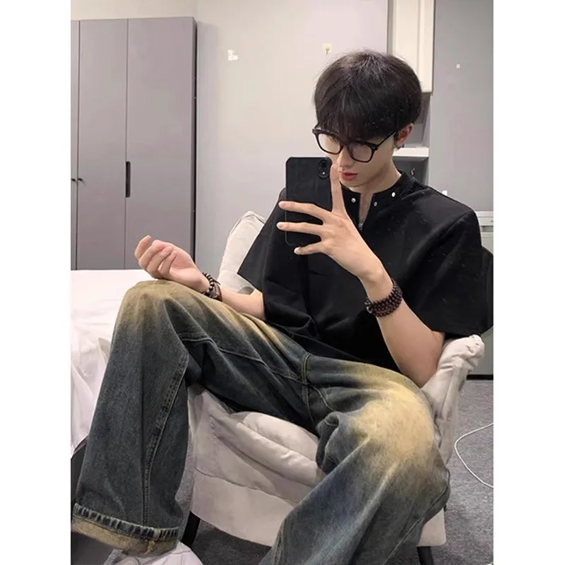 Men's T-shirt Summer New Fashionable Half Zipper Shoulder Pads T-shirt Men's Short Sleeve Riveted
