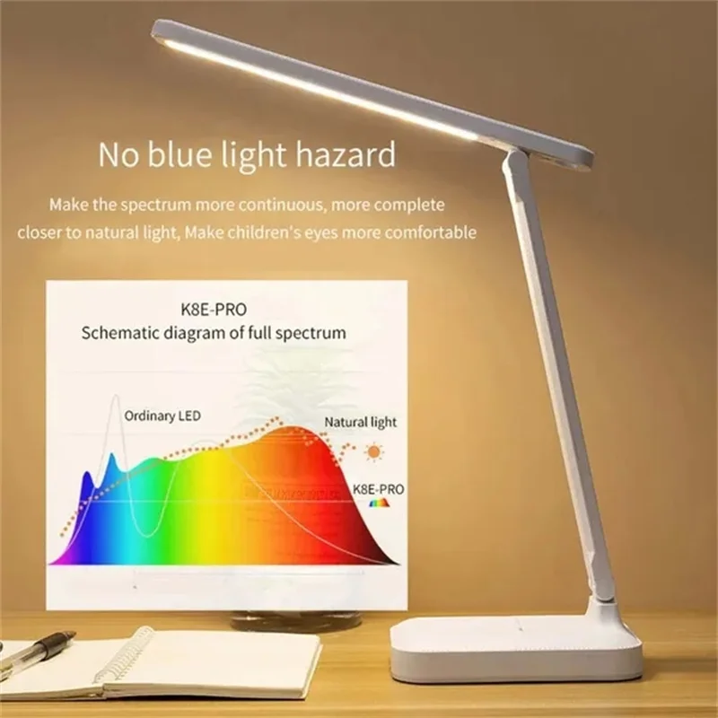 Dobrável Table LED Desk Lamp, Stepless Dimmable, Toque, Leitura de cabeceira, Proteção para os olhos, Night Light, USB Chargeable, 3 Tipo