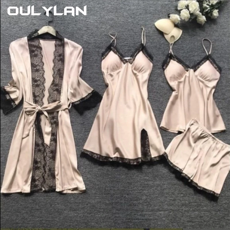 New lace pajamas 4PCS Women's silk dress Nightgown Pajamas Pajamas set lingerie Sexy lingerie dress halter pajamas oulylan