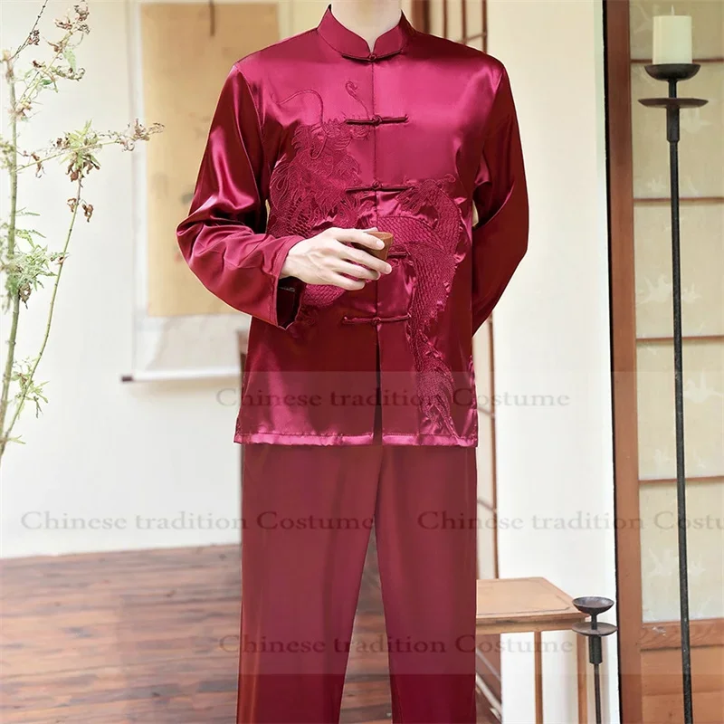 التقليدية الصينية تانغ دعوى الكونغ فو فنون الدفاع عن النفس 2 قطعة قميص السراويل الأصفر التنين التطريز Taichi زي طويلة الأكمام الزي #5