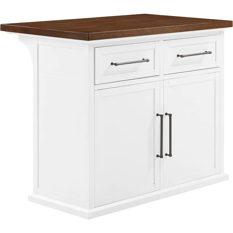 Kitchen Island with Wood Top  White/Walnut Features A Solid Wood Countertop with A Dark Brown Finish