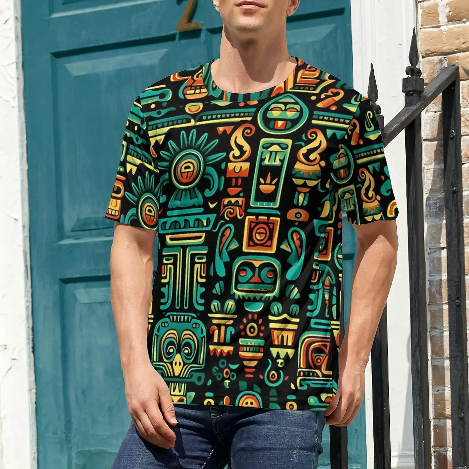 Aztec Art T Shirt For Mens Vintage Print O Neck T Shirts Summer Harajuku Tops Short-Sleeve Kawaii Plus Size Tee Shirt Gift Idea