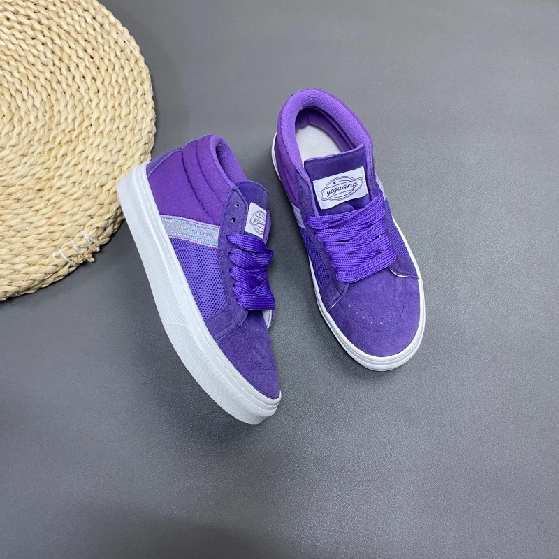 Purple and white color blocked mid top casual shoes, suede splicing mesh breathable board shoes, niche design sense, American