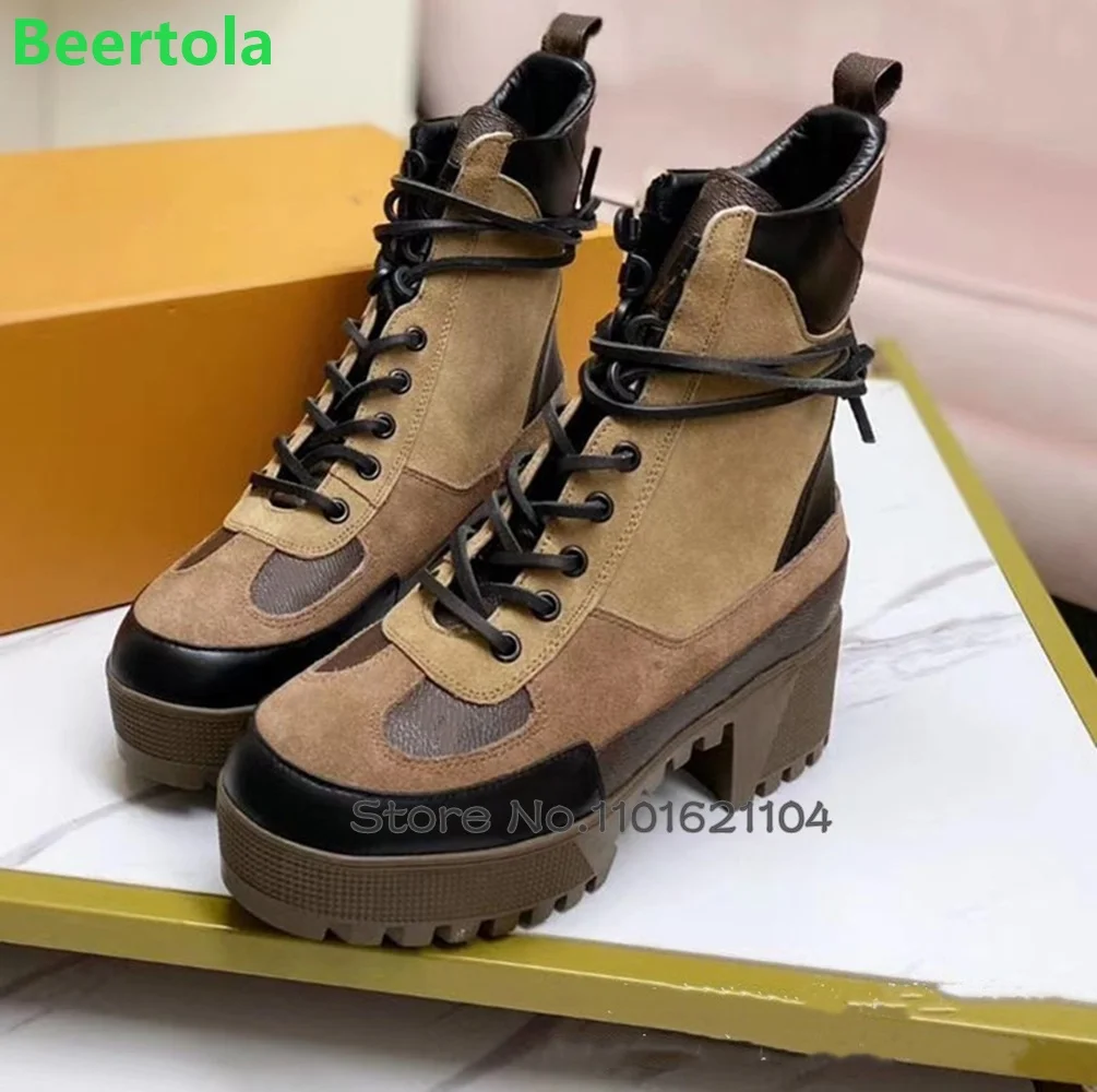 Thick Sole Lace-up Luxury Boots For Female Women 2024 New Round Toe Square Heel Ankle High Mixed Colors Fashion Casual Shoes