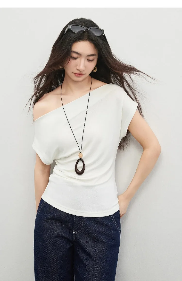 SENTUBILA Damen-Strick-T-Shirt mit Wendekragen, Frühling 2026, Weiß, minimalistisch, für den Alltag, plissiert, schmal geschnitten, Kurzarm-Oberteil 161TA4924 – Detail 26