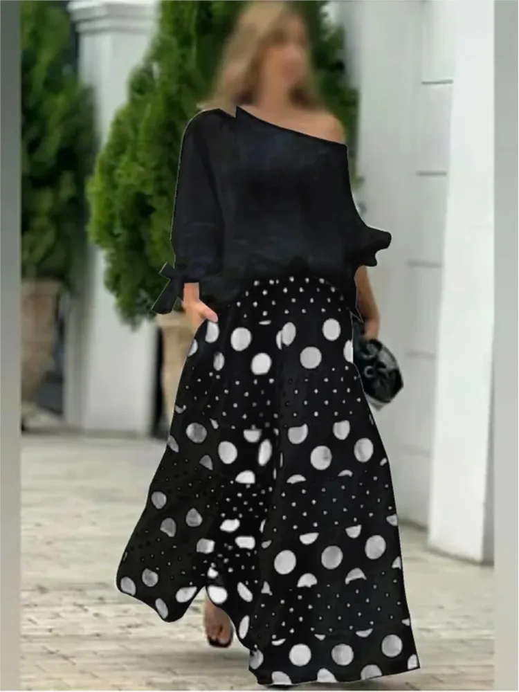 Elegant 2pcs Women Outfits Neckline Long Sleeve Lace-up Blouse & Loose Wide Leg Pants Set Vintage Polka Dot Print Trouses Sets