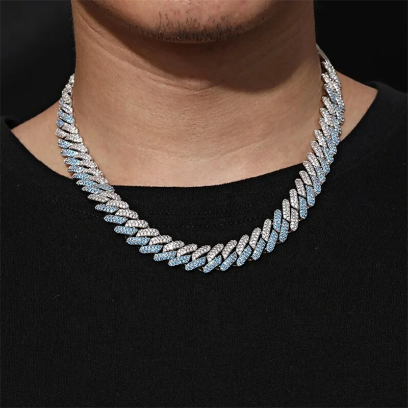 

14MM 2 Row 2 Tone Custom Hip Hop Cuban Link Chain Blue White Gold Plated Iced Out Sterling Silver 925 Moissanite Cuban Necklace