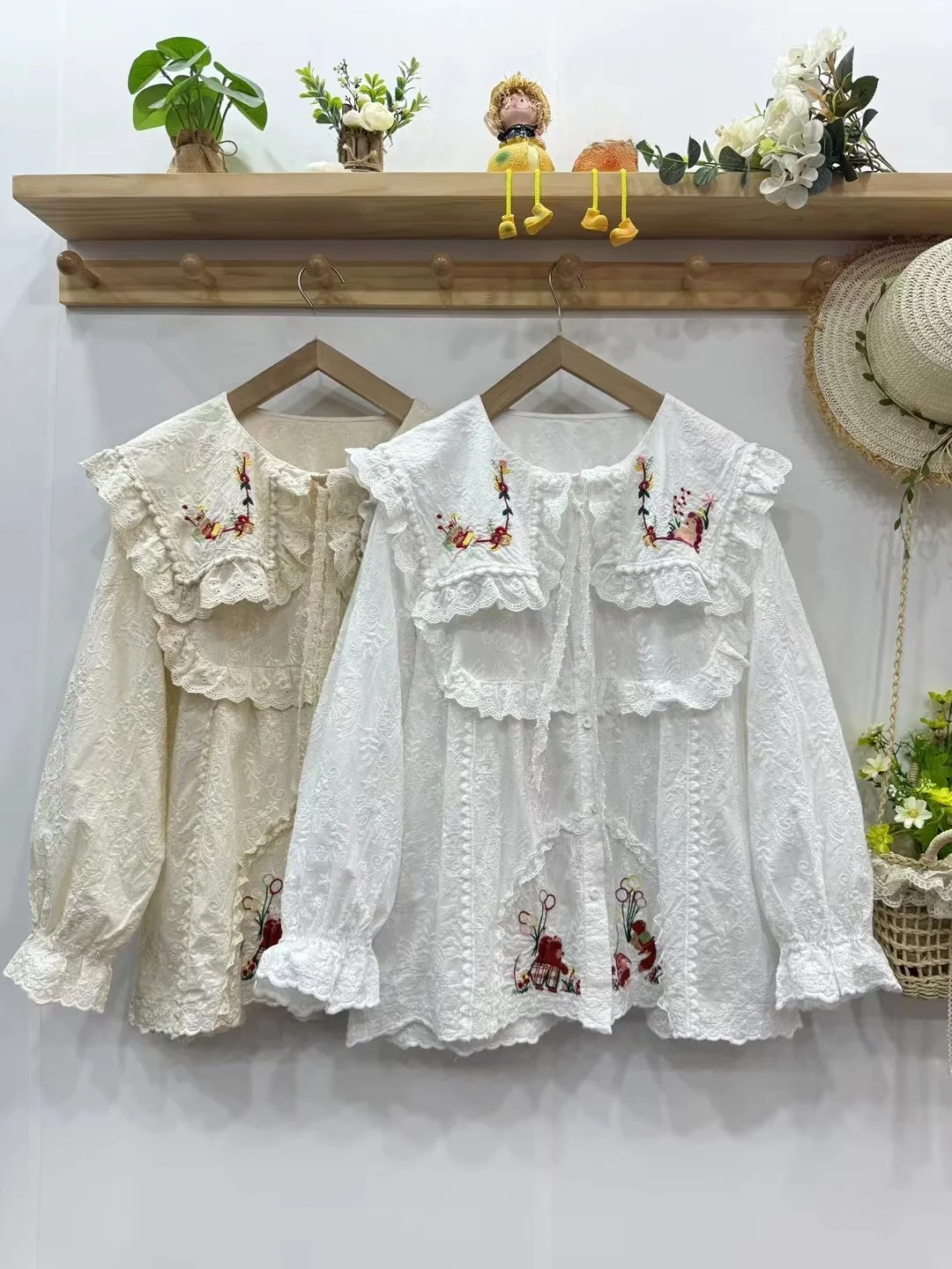 

Свободная хлопковая рубашка с длинным рукавом, вышитым кружевным воротником и плотной строчкой, из чистого хлопка, с защитой от старения