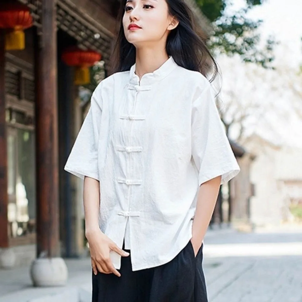 Summer New Chinese Linen Women's Shirt, Ethnic Style Casual Short Sleeve Tang Suit Top, Traditional Chinese Blouse