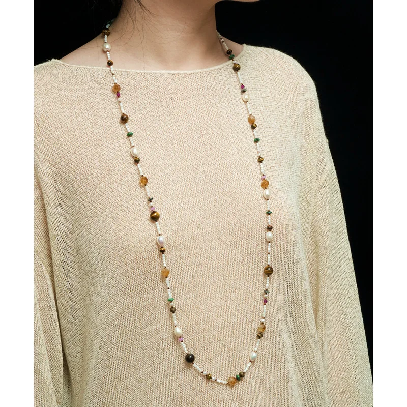 Autumn and Winter Retro Natural Stone Freshwater Pearl Splicing Necklace Long Sweater Chain Niche Design Necklace