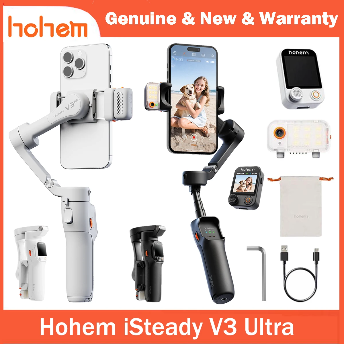 Hohem iSteady V3 Ultra Smartphone Gimbal AI Tracker Fill Light Detachable Control Screen Extension Rod for iPhone TikTok YouTube