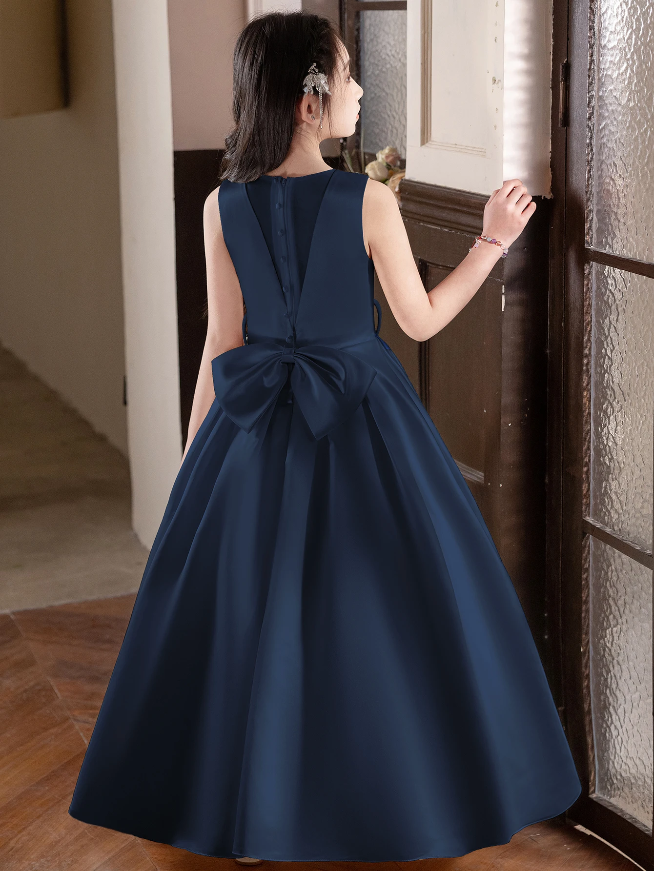 Girl Teenage Royal Blue Long Dress Birthday Party Wedding Evening Gown Big Bow Bridesmaid Dress view 2