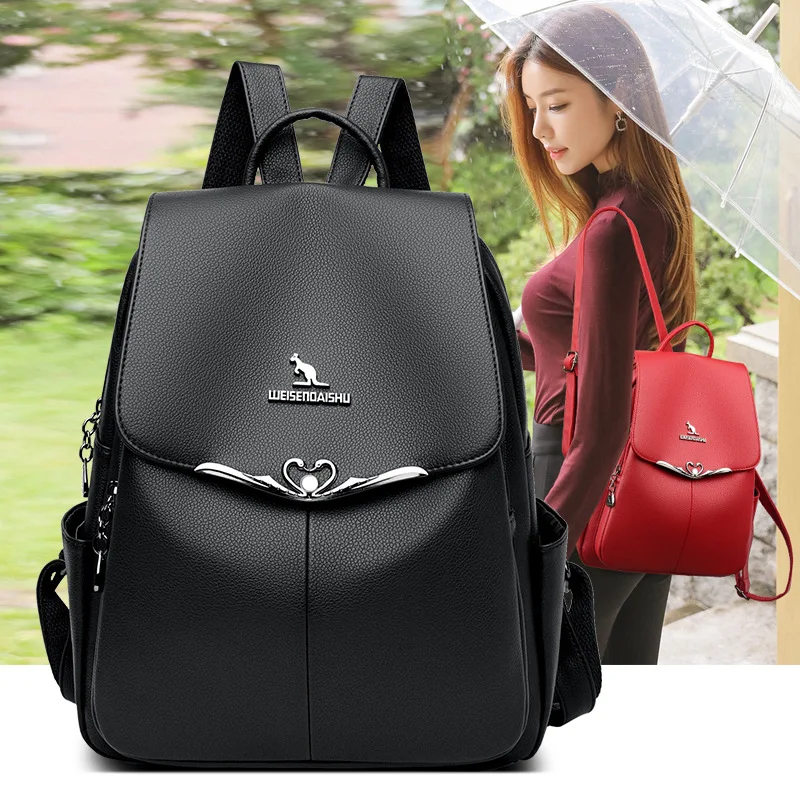 PU leather large-capacity student schoolbag with a flip cover and waterproof commuting lady's travel backpack